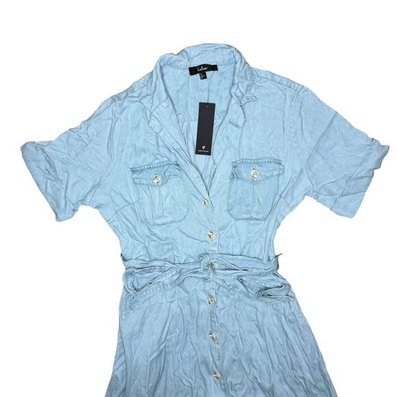 NWT Lulus Pleasant Cutie Blue Chambray Collared Midi Dress With Pockets Size L - Picture 6 of 9